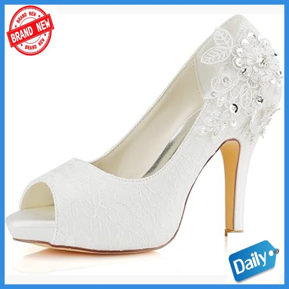 Lace Peep Toe High Heel Wedding Shoes Size 10.5